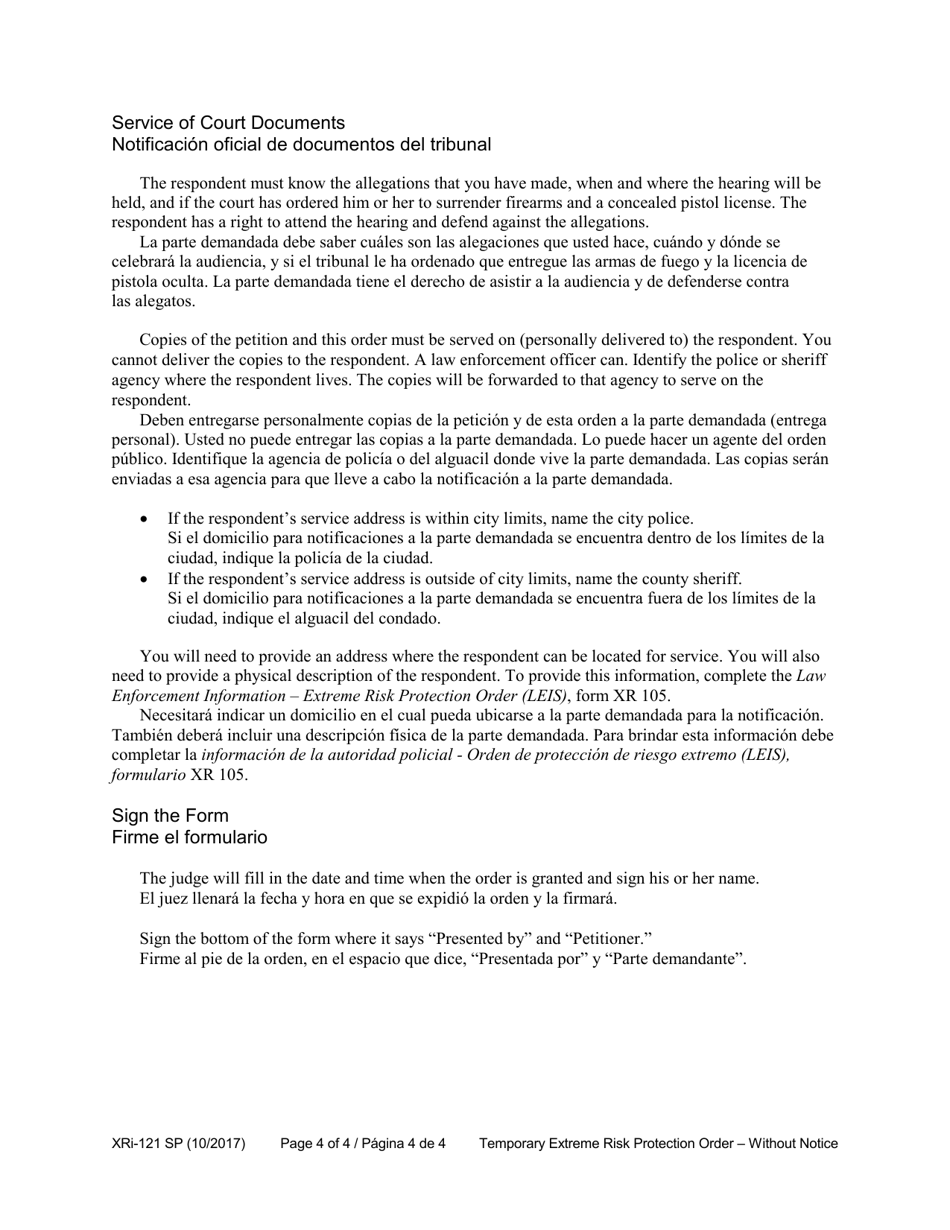Instructions for Form XR121 Temporary Extreme Risk Protection Order - Without Notice (Exrpo) - Washington (English / Spanish), Page 4