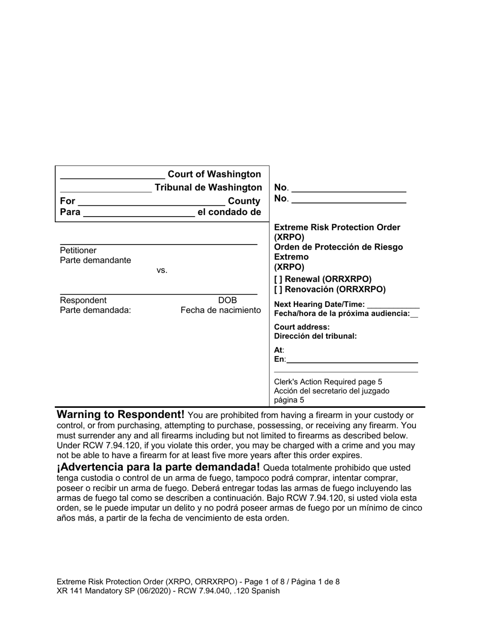 Form XR141 Extreme Risk Protection Order - Washington (English / Spanish), Page 1