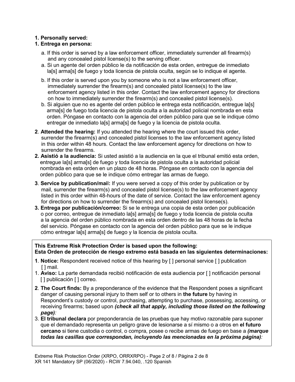 Form XR141 Extreme Risk Protection Order - Washington (English / Spanish), Page 3