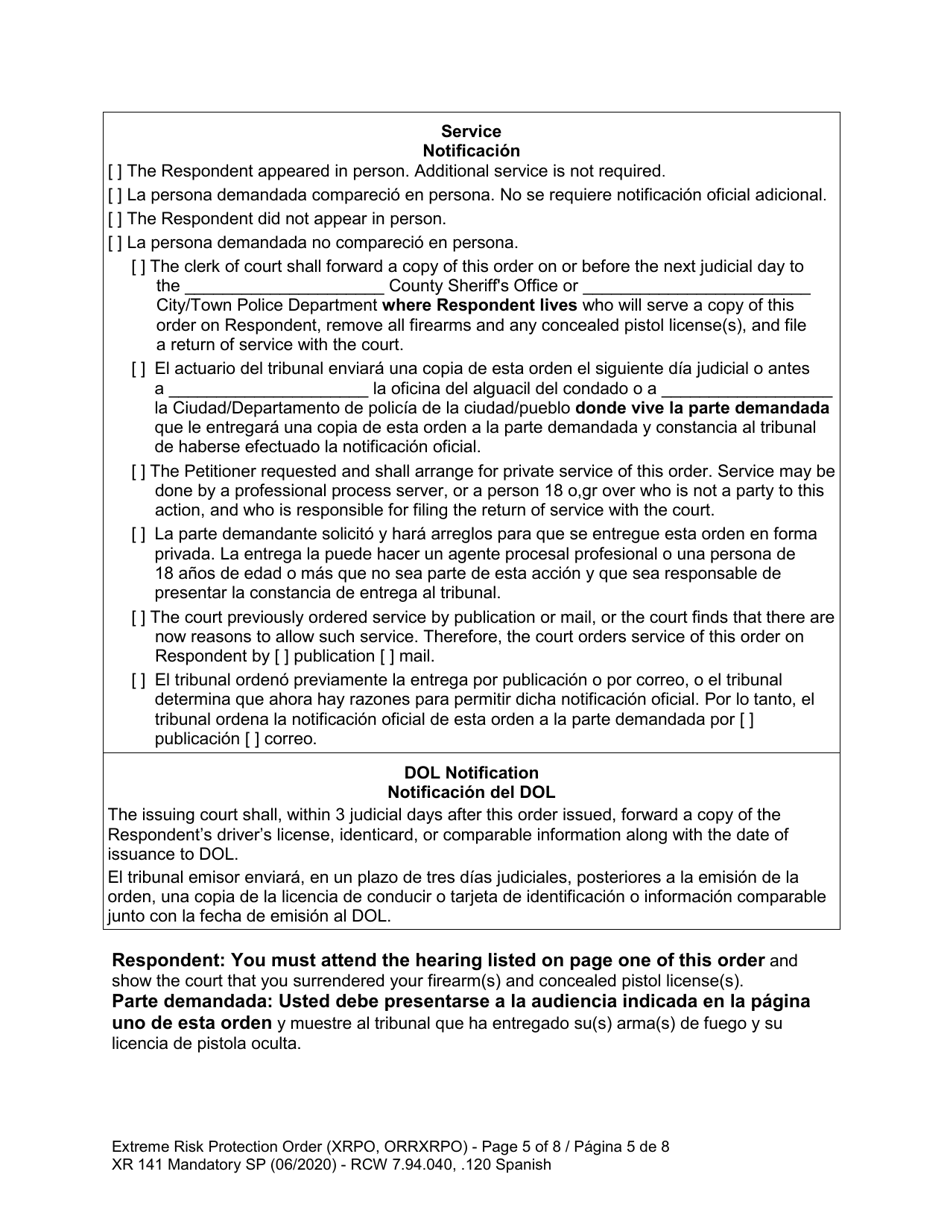 Form XR141 Extreme Risk Protection Order - Washington (English / Spanish), Page 6