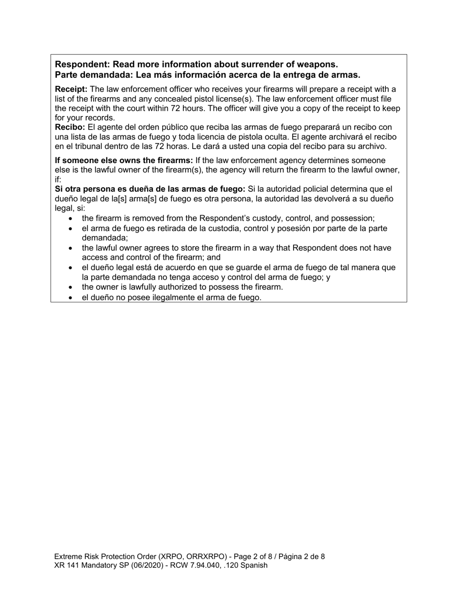 Form XR141 Extreme Risk Protection Order - Washington (English / Spanish), Page 8