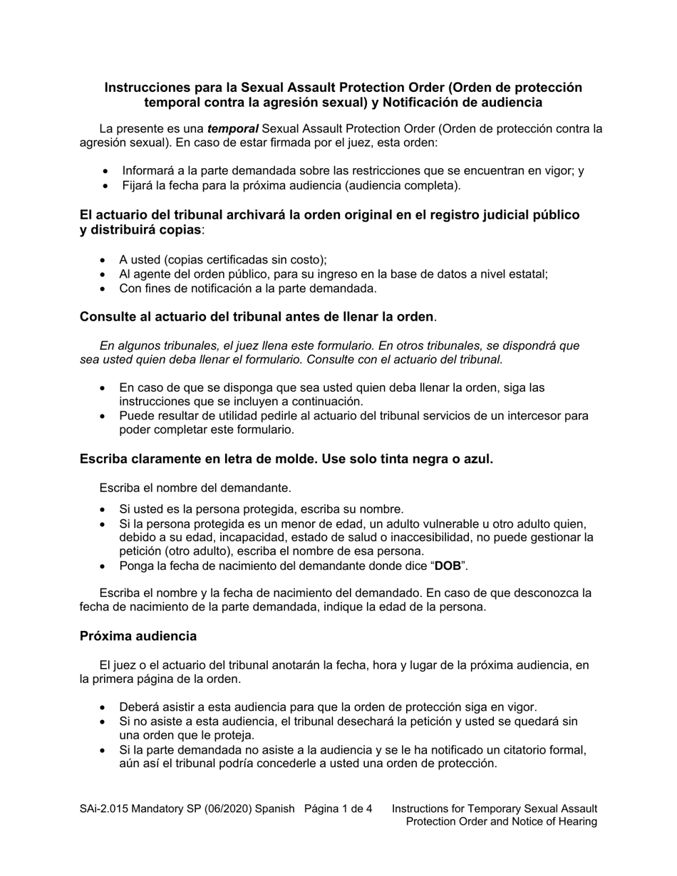 Instrucciones para Formulario WPF SA-2.015 Temporary Sexual Assault Protection Order and Notice of Hearing - Washington (Spanish), Page 1