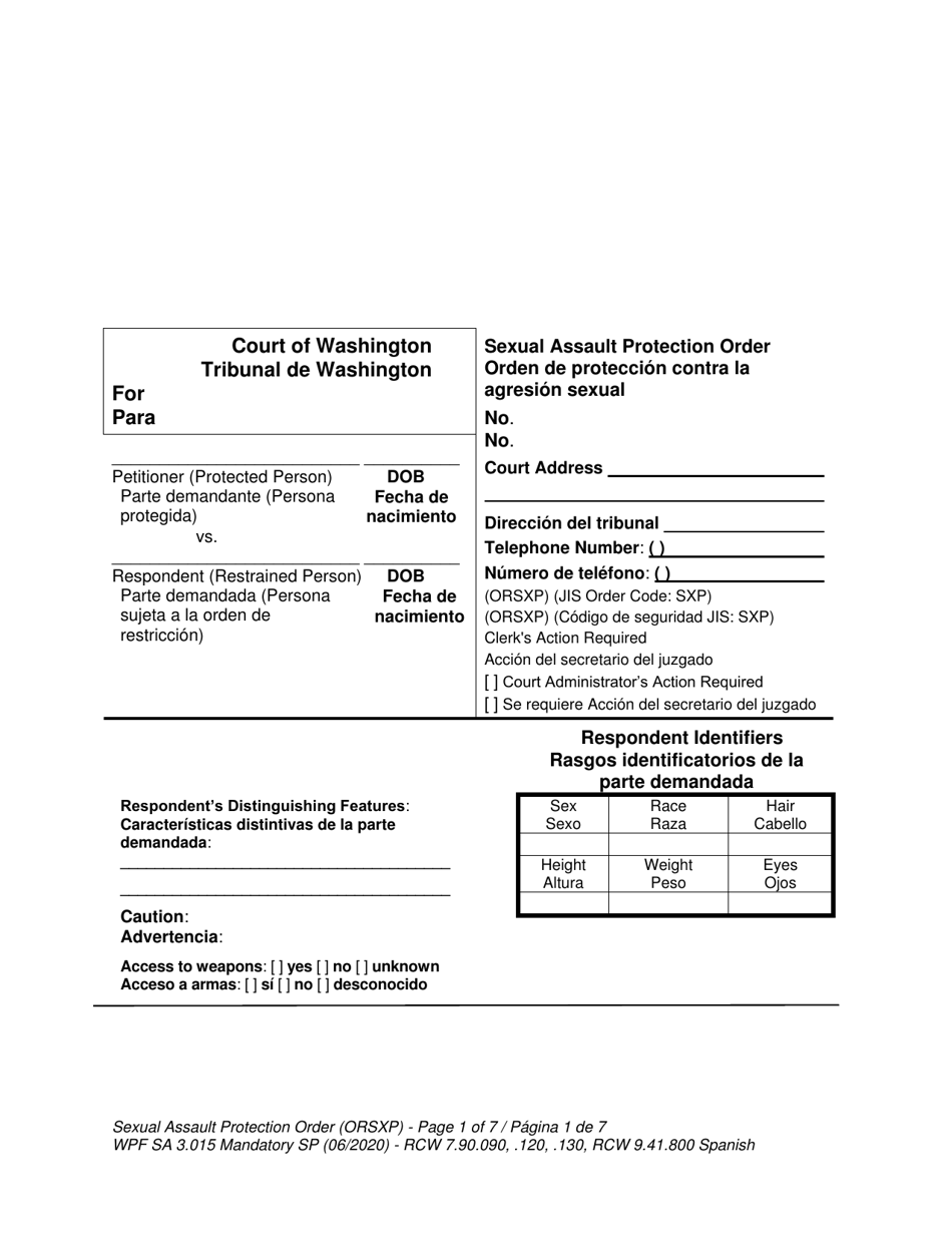 Form WPF SA-3.015 Sexual Assault Protection Order - Washington (English / Spanish), Page 1