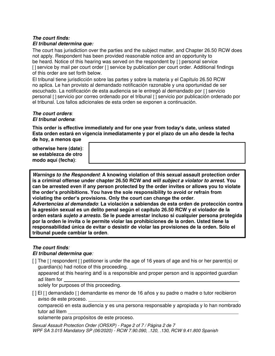 Form WPF SA-3.015 Sexual Assault Protection Order - Washington (English / Spanish), Page 2