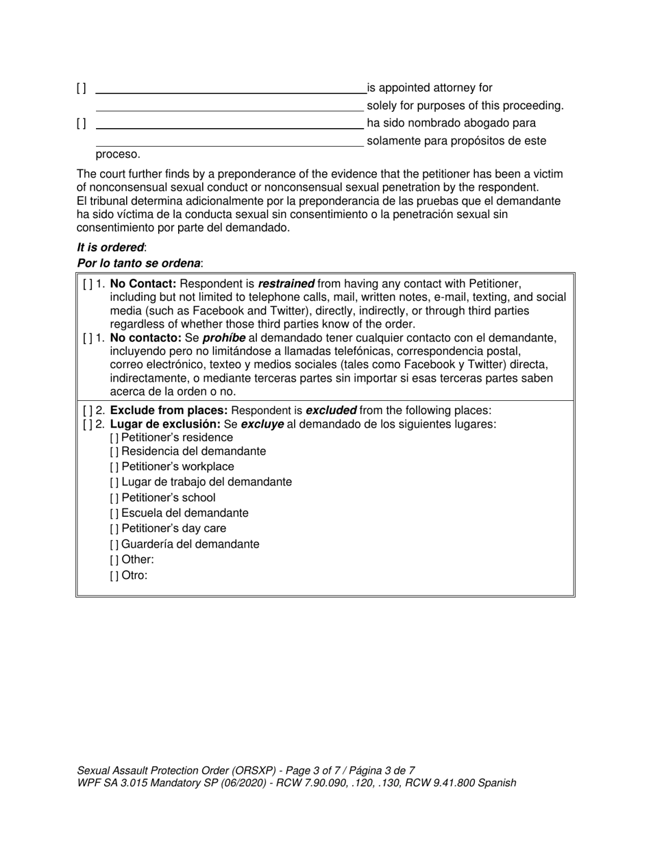 Form WPF SA-3.015 Sexual Assault Protection Order - Washington (English / Spanish), Page 3