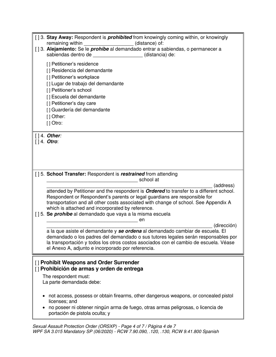 Form WPF SA-3.015 Sexual Assault Protection Order - Washington (English / Spanish), Page 4