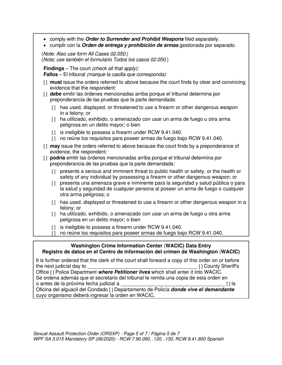 Form WPF SA-3.015 Sexual Assault Protection Order - Washington (English / Spanish), Page 5