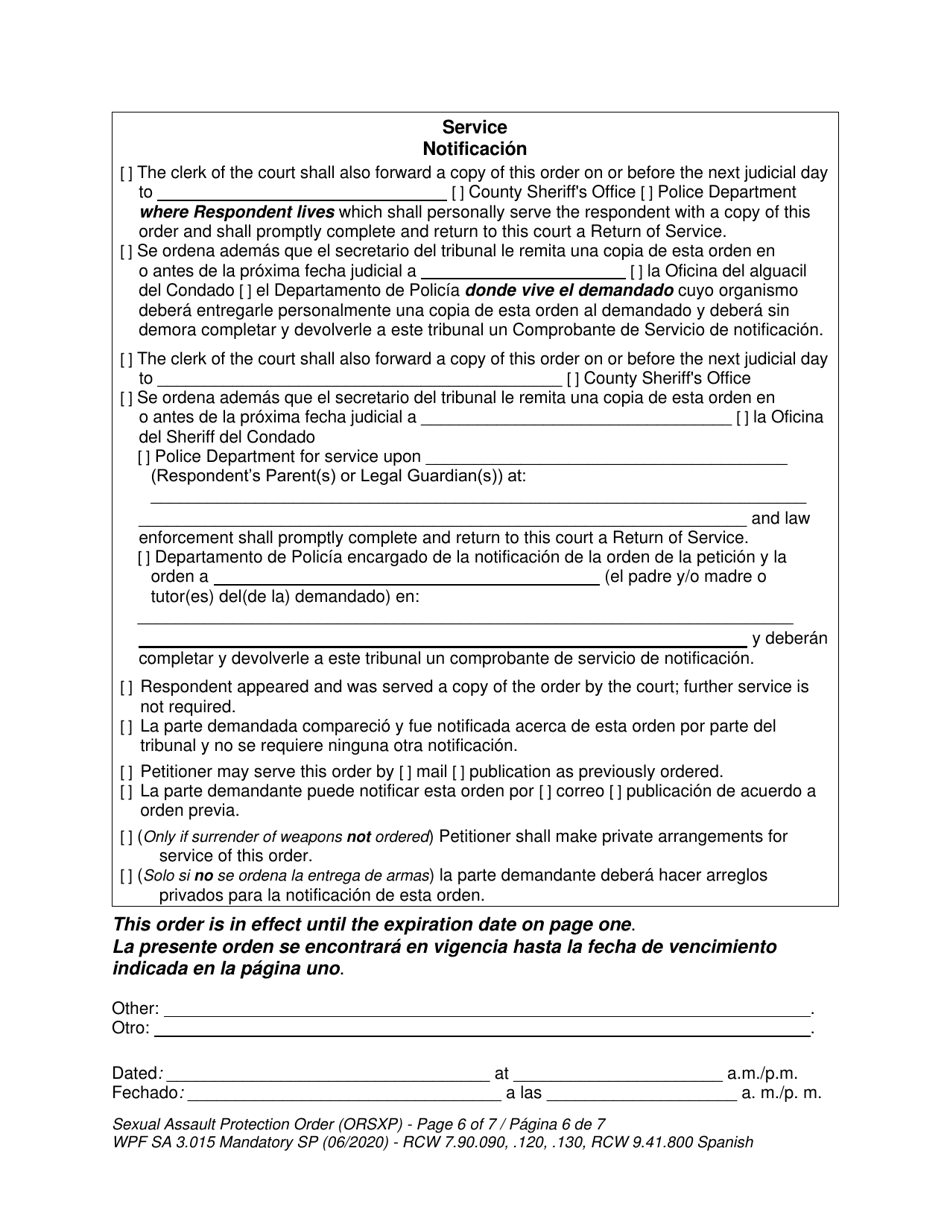 Form WPF SA-3.015 Sexual Assault Protection Order - Washington (English / Spanish), Page 6