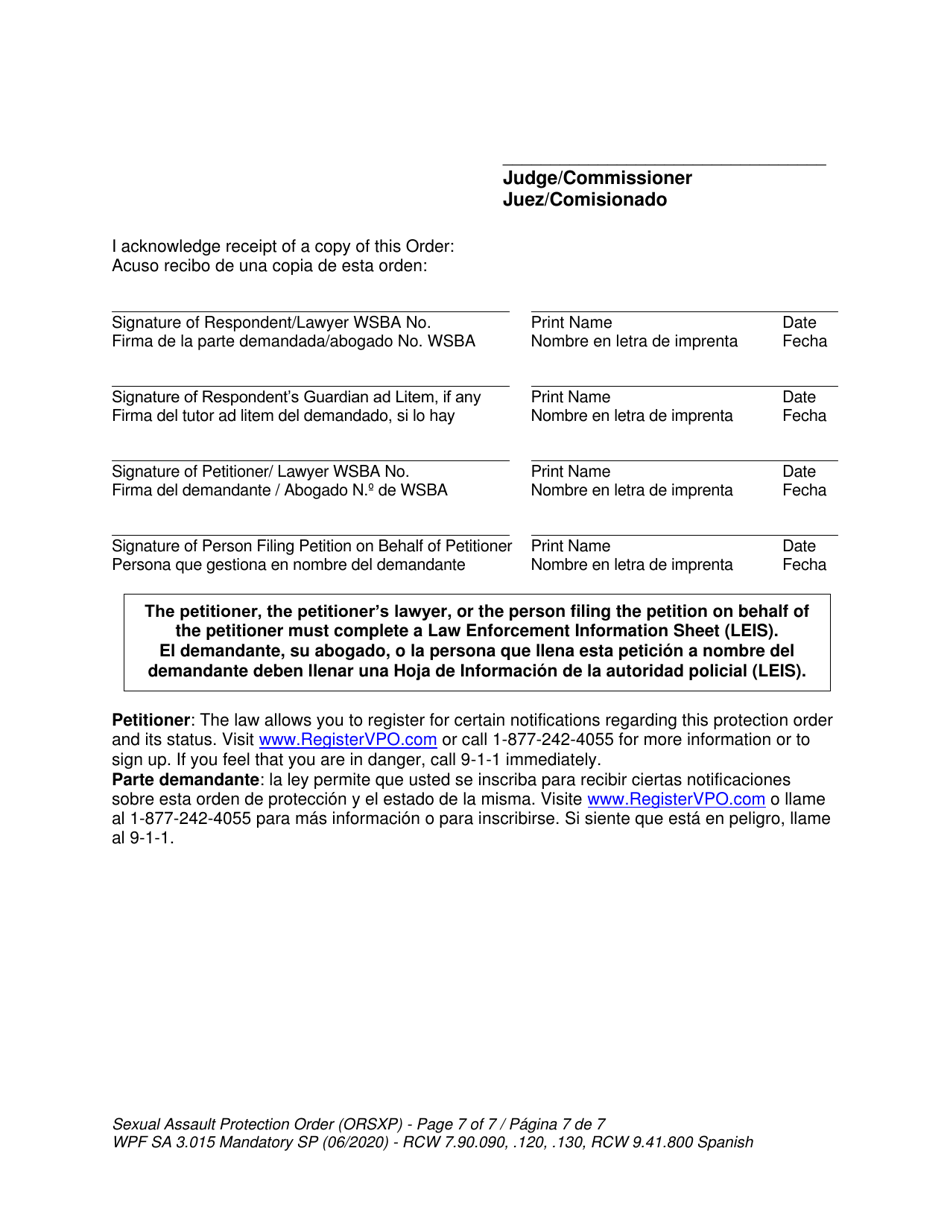Form WPF SA-3.015 Sexual Assault Protection Order - Washington (English / Spanish), Page 7