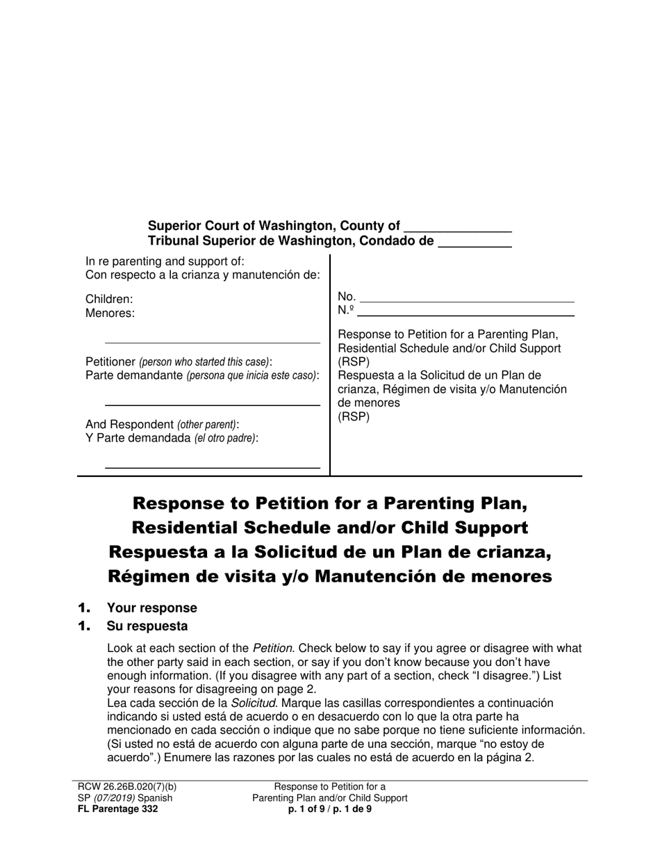 Form FL Parentage332 Response to Petition for a Parenting Plan, Residential Schedule and/or Child Support - Washington (English/Spanish), Page 1