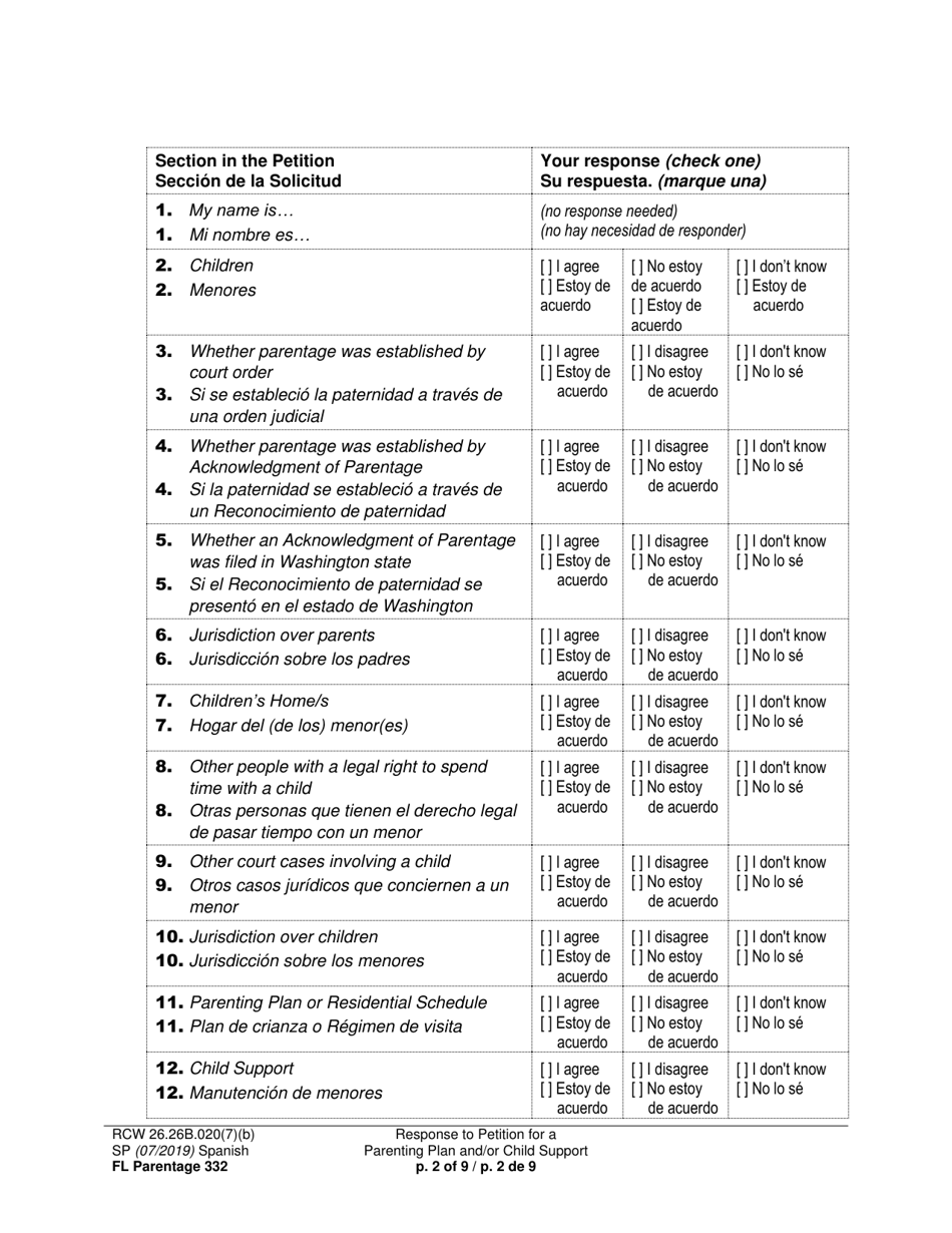 Form FL Parentage332 Response to Petition for a Parenting Plan, Residential Schedule and / or Child Support - Washington (English / Spanish), Page 2