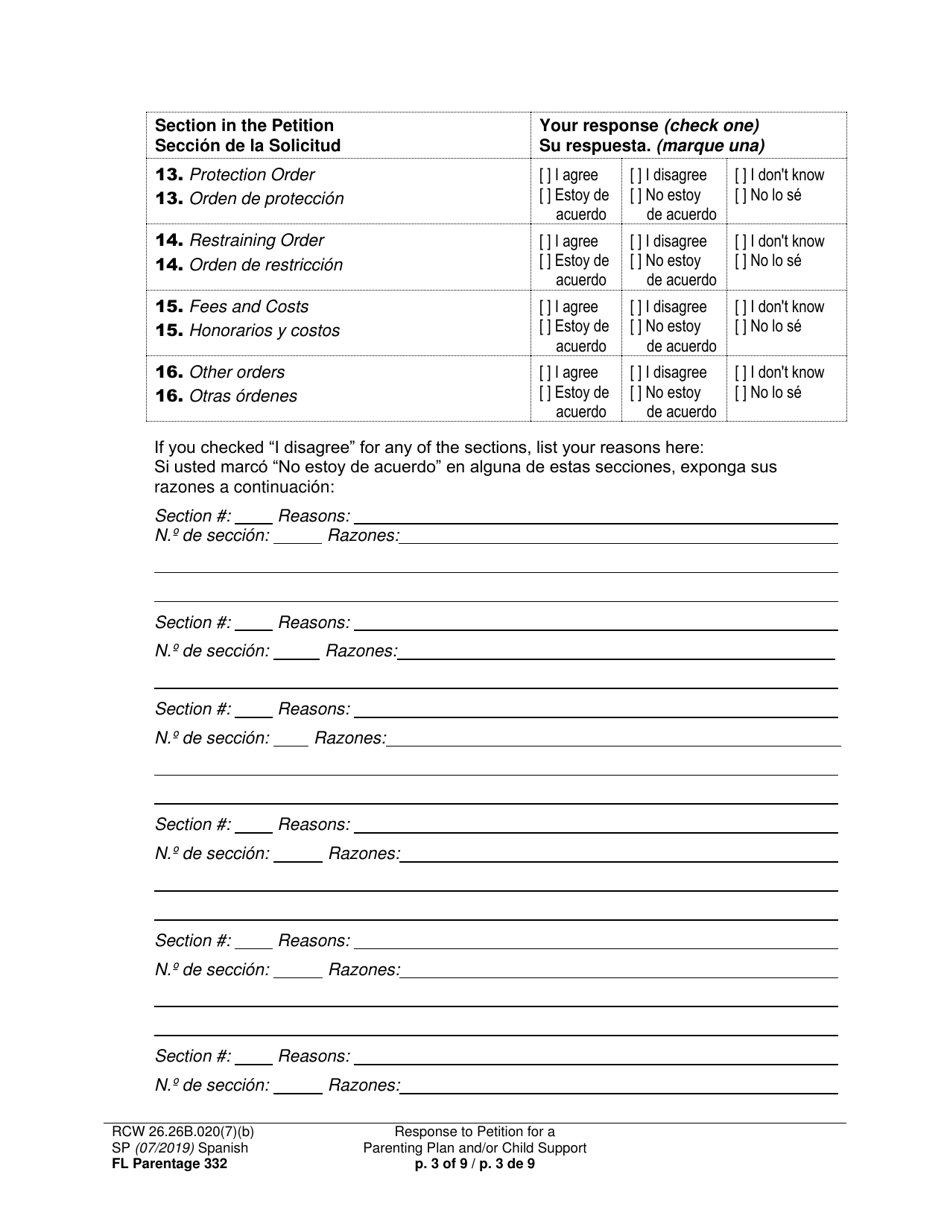Form FL Parentage332 Response to Petition for a Parenting Plan, Residential Schedule and / or Child Support - Washington (English / Spanish), Page 3