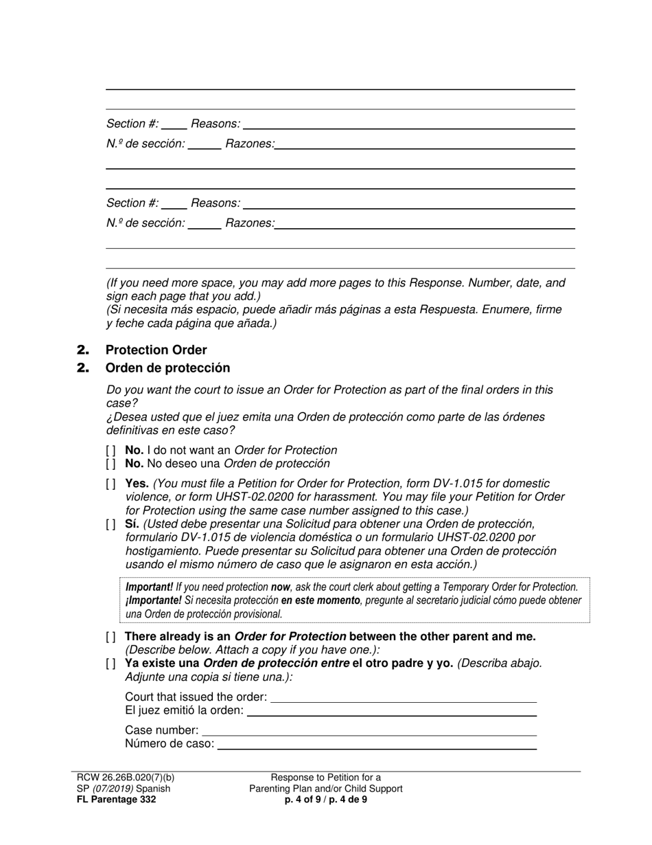 Form FL Parentage332 Response to Petition for a Parenting Plan, Residential Schedule and / or Child Support - Washington (English / Spanish), Page 4
