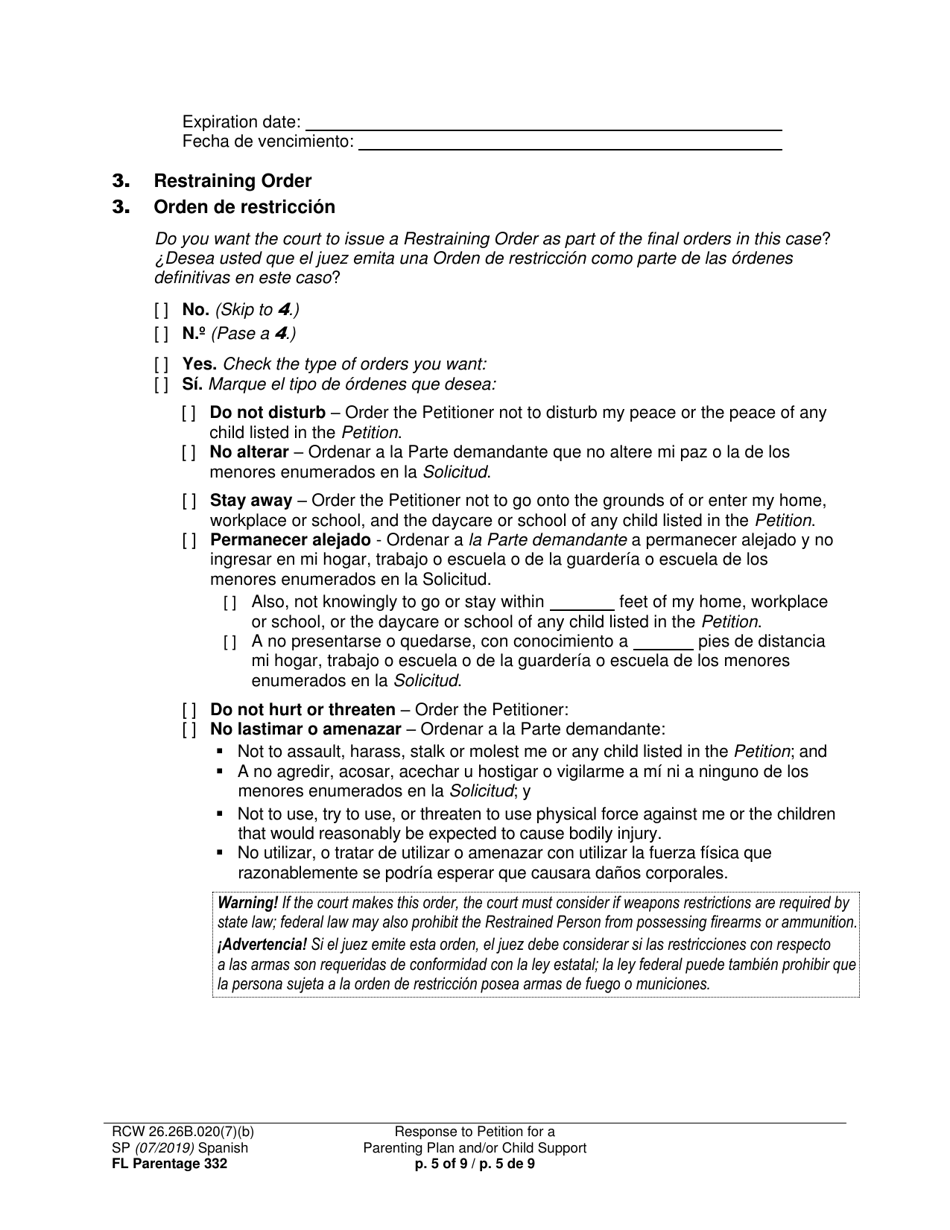 Form FL Parentage332 Response to Petition for a Parenting Plan, Residential Schedule and / or Child Support - Washington (English / Spanish), Page 5