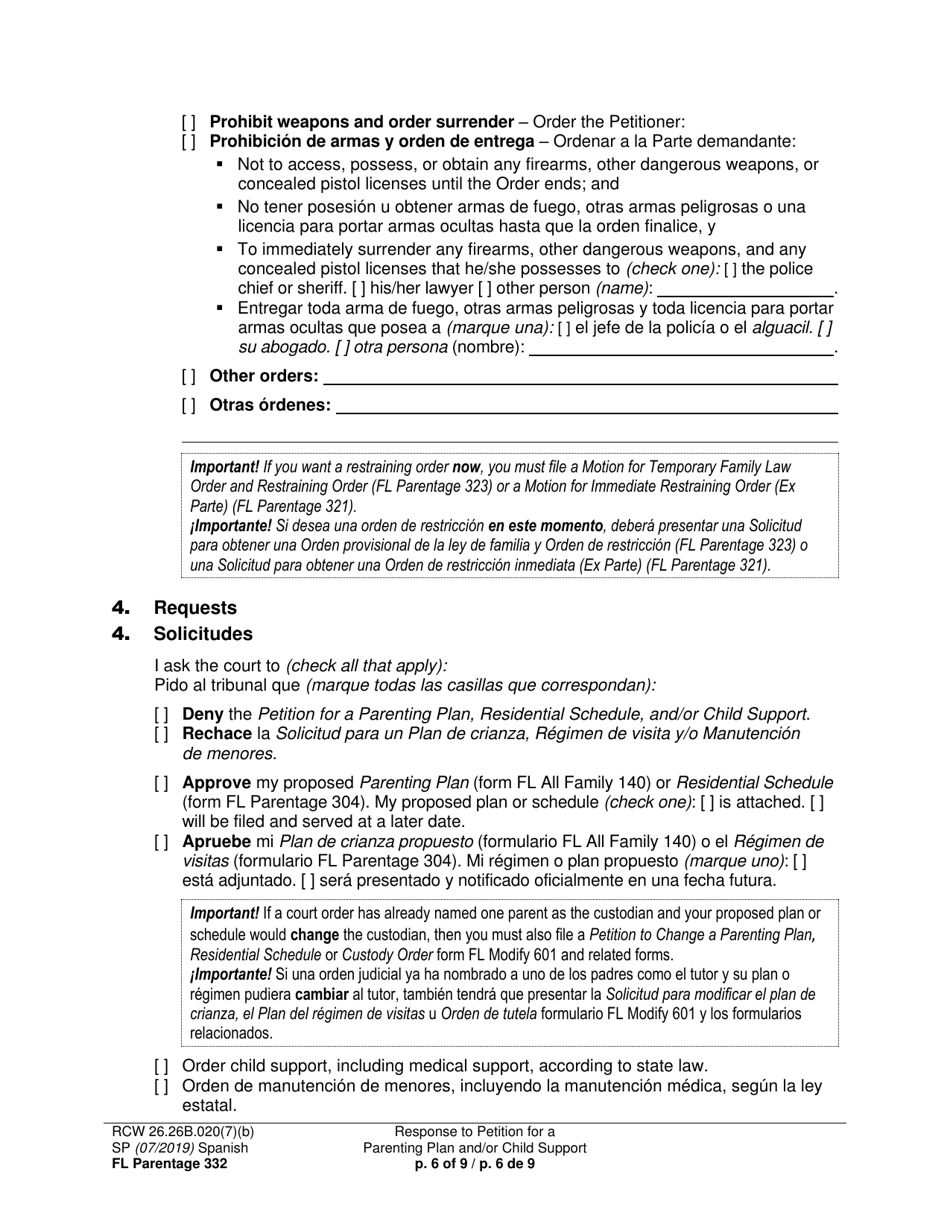 Form FL Parentage332 Response to Petition for a Parenting Plan, Residential Schedule and / or Child Support - Washington (English / Spanish), Page 6