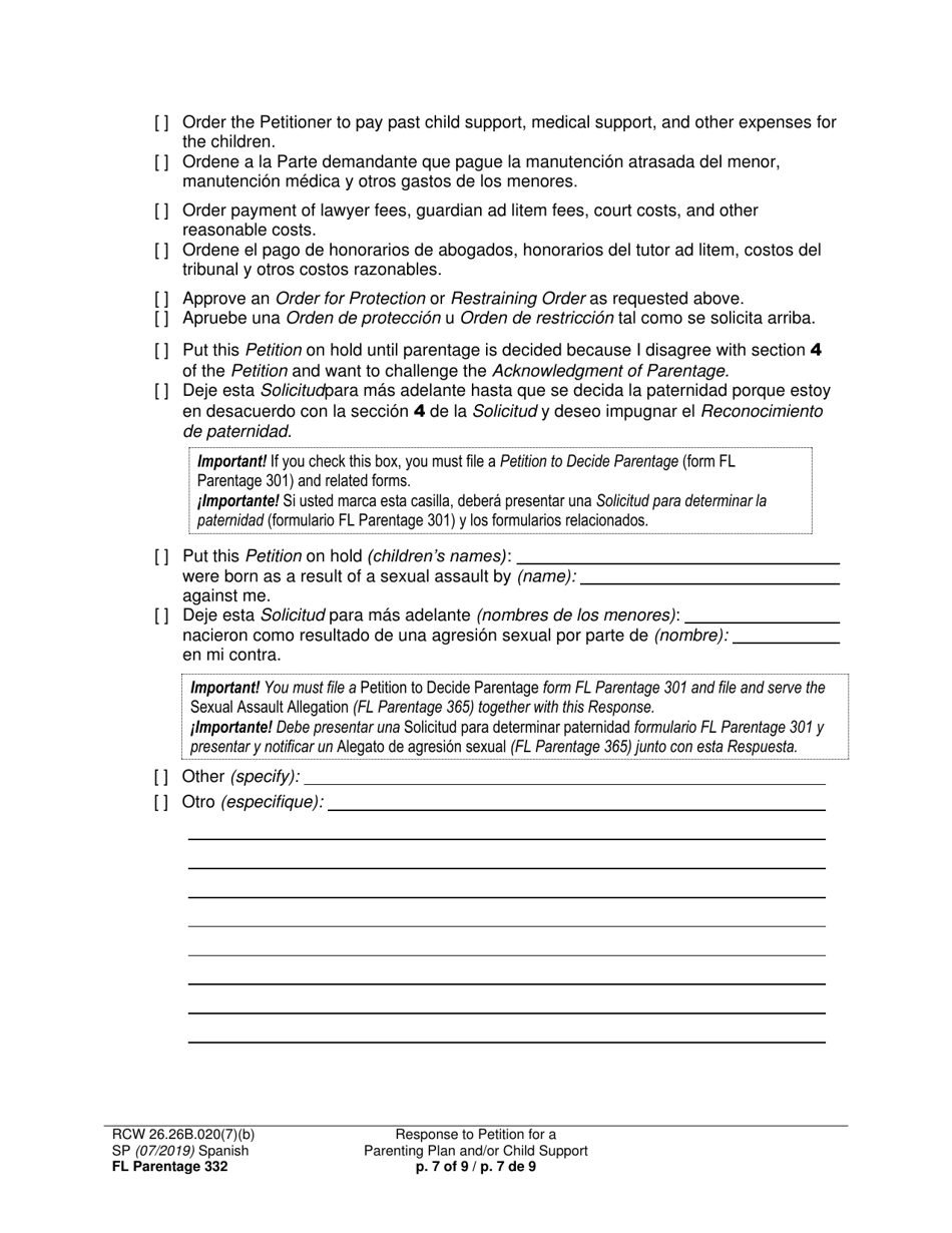 Form FL Parentage332 Response to Petition for a Parenting Plan, Residential Schedule and / or Child Support - Washington (English / Spanish), Page 7