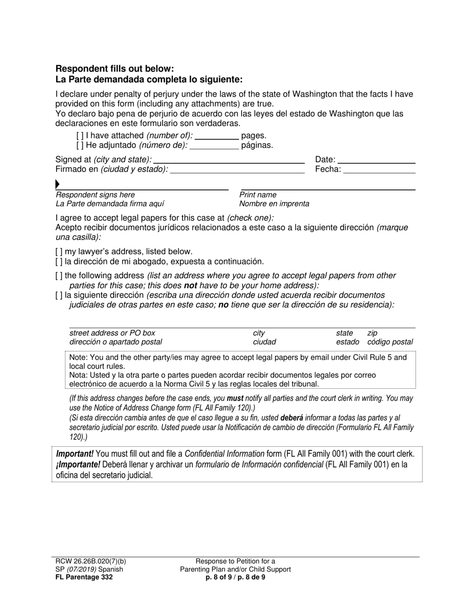 Form FL Parentage332 Response to Petition for a Parenting Plan, Residential Schedule and / or Child Support - Washington (English / Spanish), Page 8