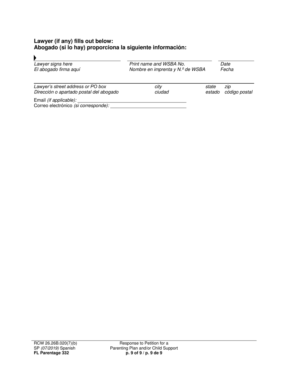 Form FL Parentage332 Response to Petition for a Parenting Plan, Residential Schedule and / or Child Support - Washington (English / Spanish), Page 9
