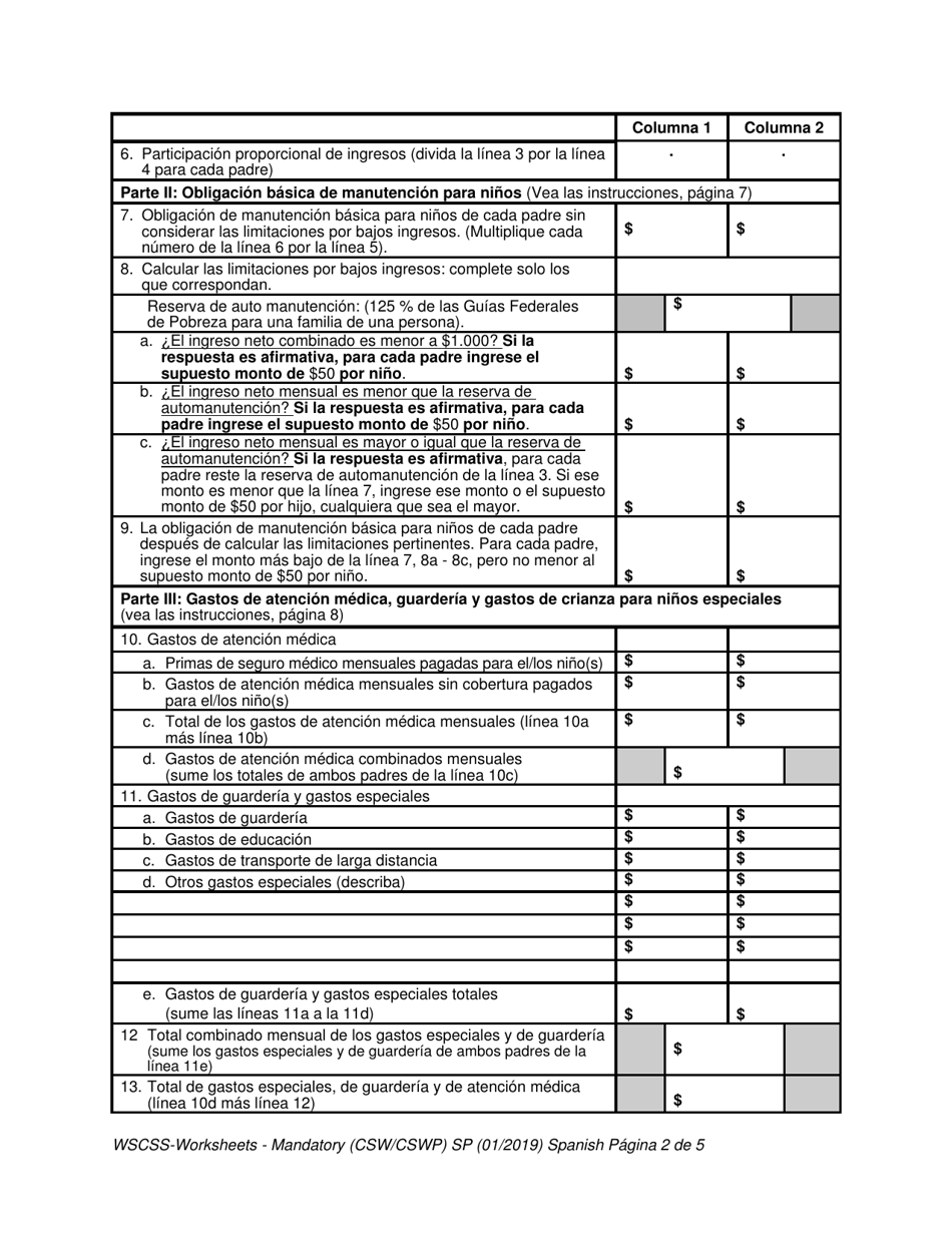 Hojas De Trabajo De La Planilla De Manutencion Para Ninos Del Estado De Washington - Washington (Spanish), Page 2