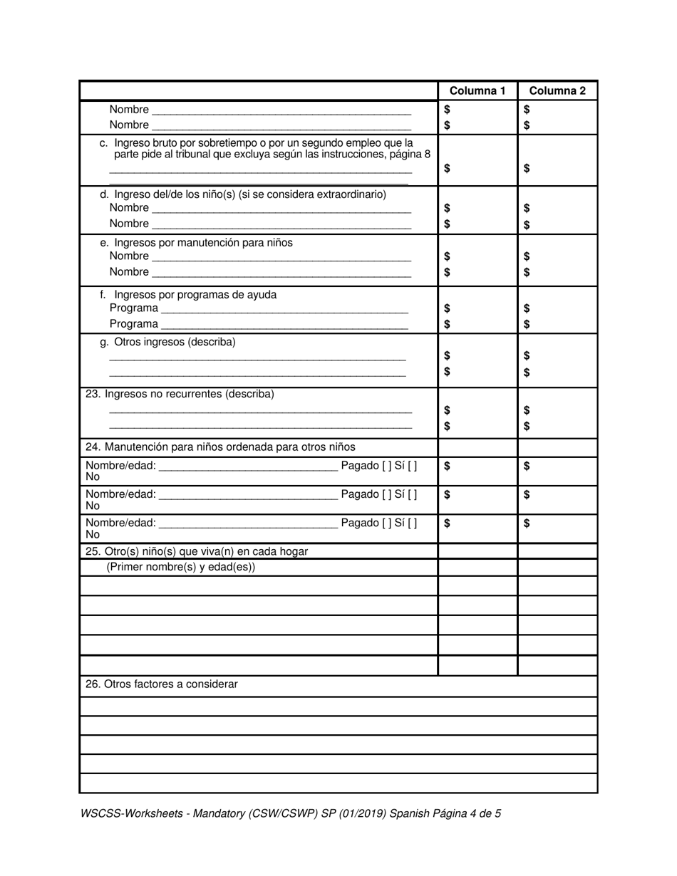 Hojas De Trabajo De La Planilla De Manutencion Para Ninos Del Estado De Washington - Washington (Spanish), Page 4