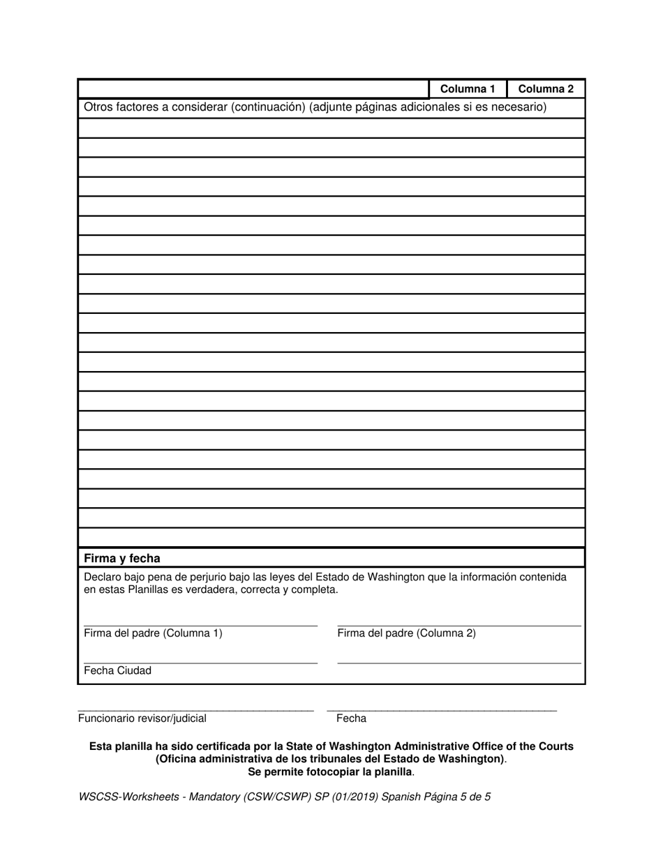 Hojas De Trabajo De La Planilla De Manutencion Para Ninos Del Estado De Washington - Washington (Spanish), Page 5