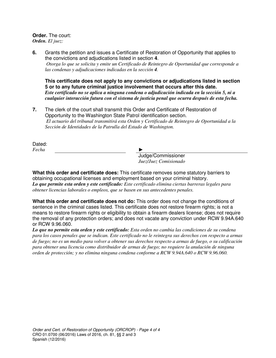 Form CRO01.0700 Order and Certificate of Restoration of Opportunity - Washington (English / Spanish), Page 4