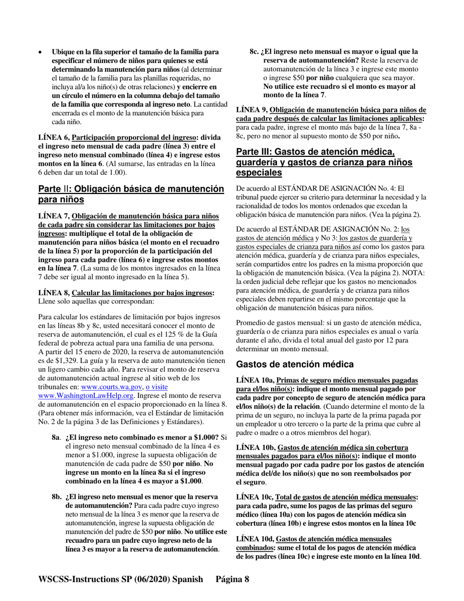 Instrucciones para Planilla De Manutencion Para Ninos Del Estado De Washington - Washington (Spanish), Page 9