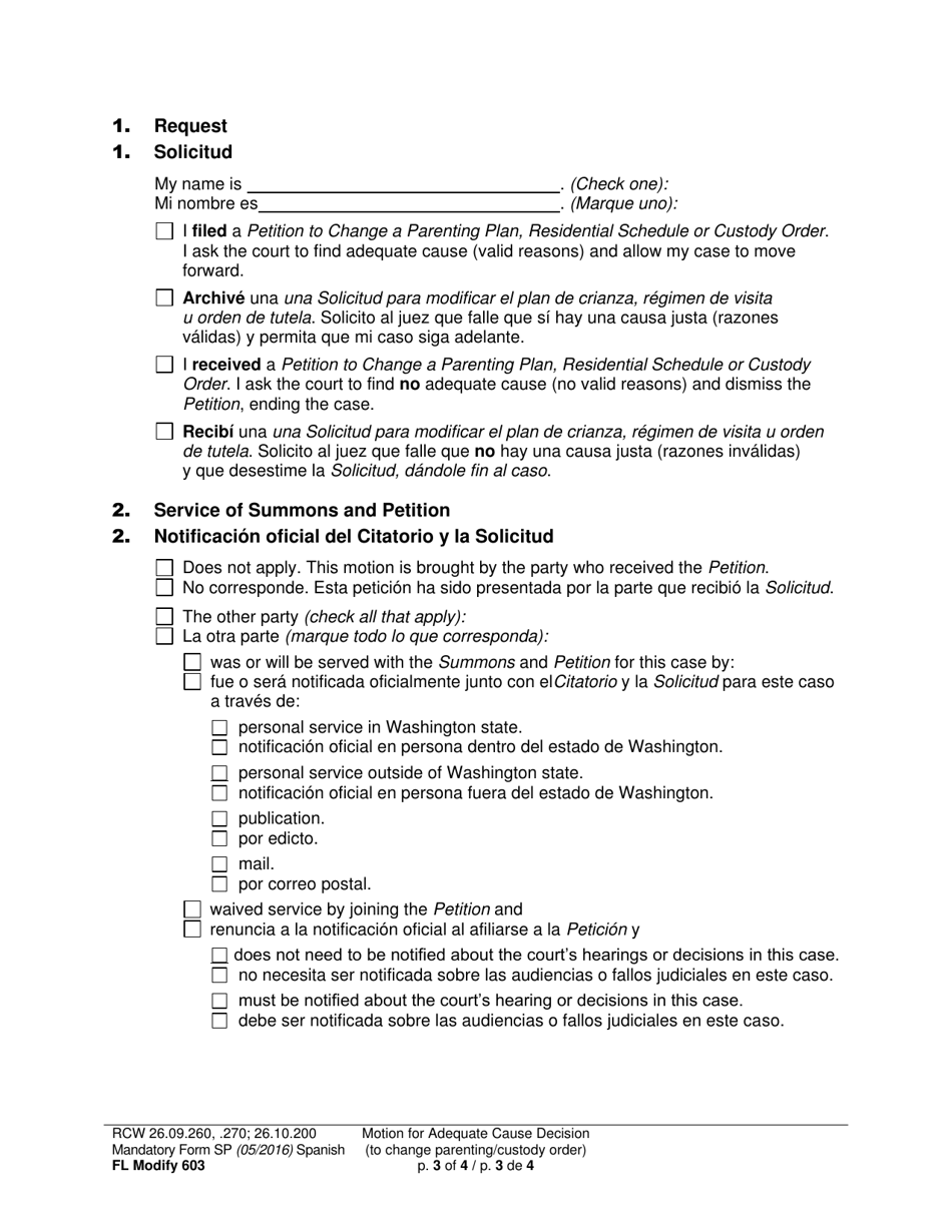 Form FL Modify603 Motion for Adequate Cause Decision (To Change a Parenting / Custody Order) - Washington (English / Spanish), Page 3