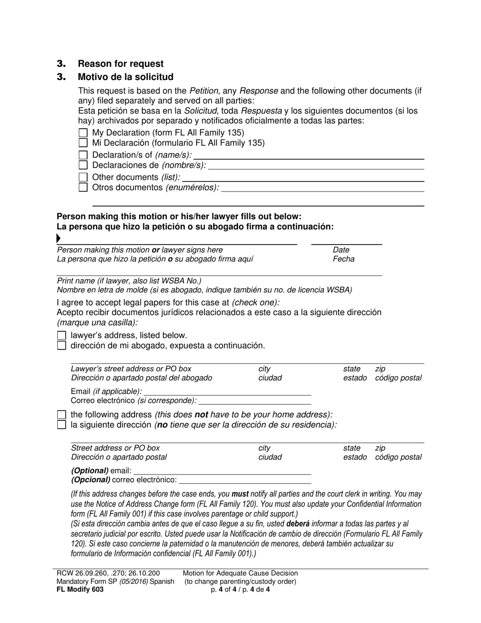 Form FL Modify603 Motion for Adequate Cause Decision (To Change a Parenting / Custody Order) - Washington (English / Spanish), Page 4