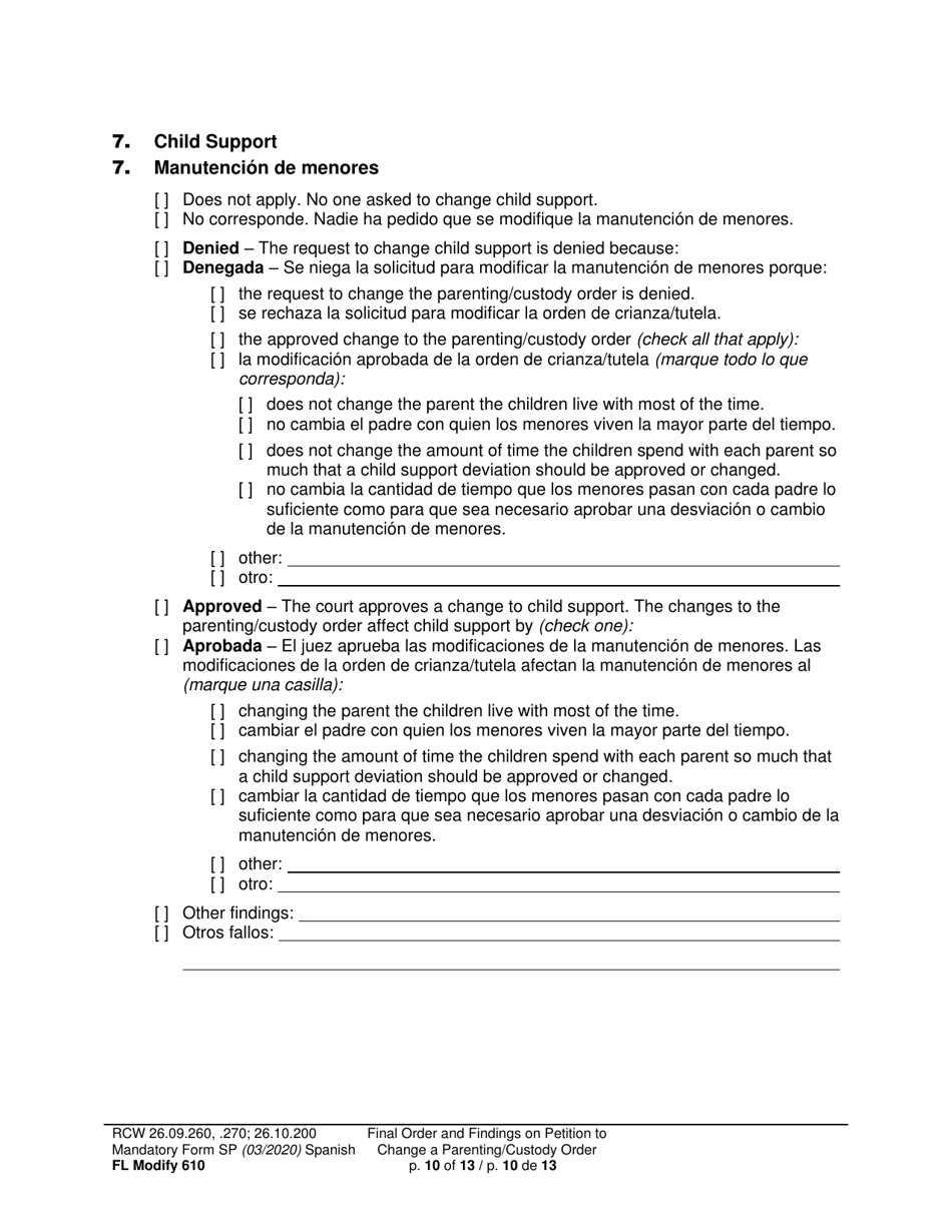 Form FL Modify610 Final Order and Findings on Petition to Change a Parenting Plan, Residential Schedule or Custody Order - Washington (English / Spanish), Page 10