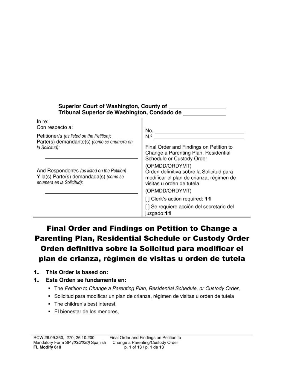 Form FL Modify610 Final Order and Findings on Petition to Change a Parenting Plan, Residential Schedule or Custody Order - Washington (English / Spanish), Page 1