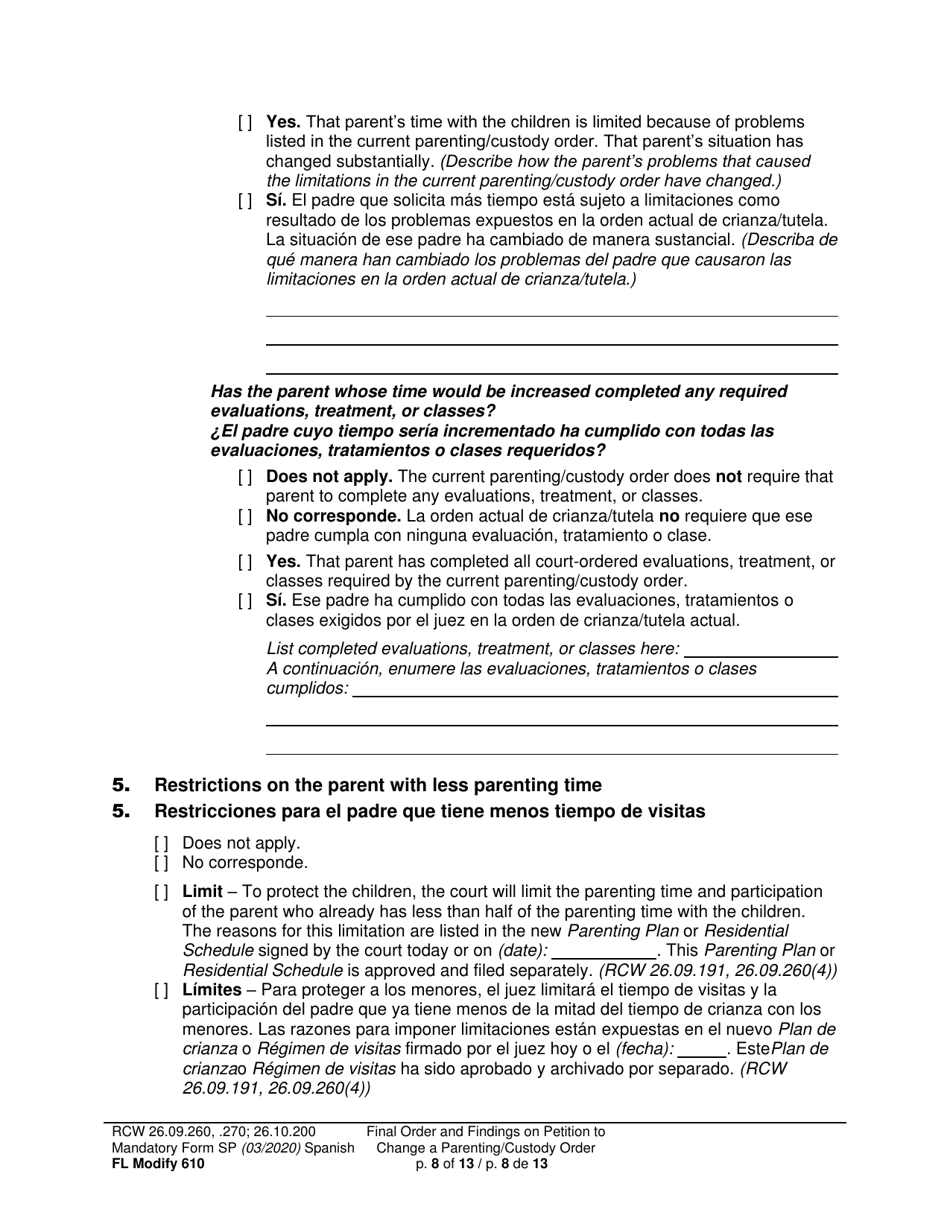 Form FL Modify610 Final Order and Findings on Petition to Change a Parenting Plan, Residential Schedule or Custody Order - Washington (English / Spanish), Page 8