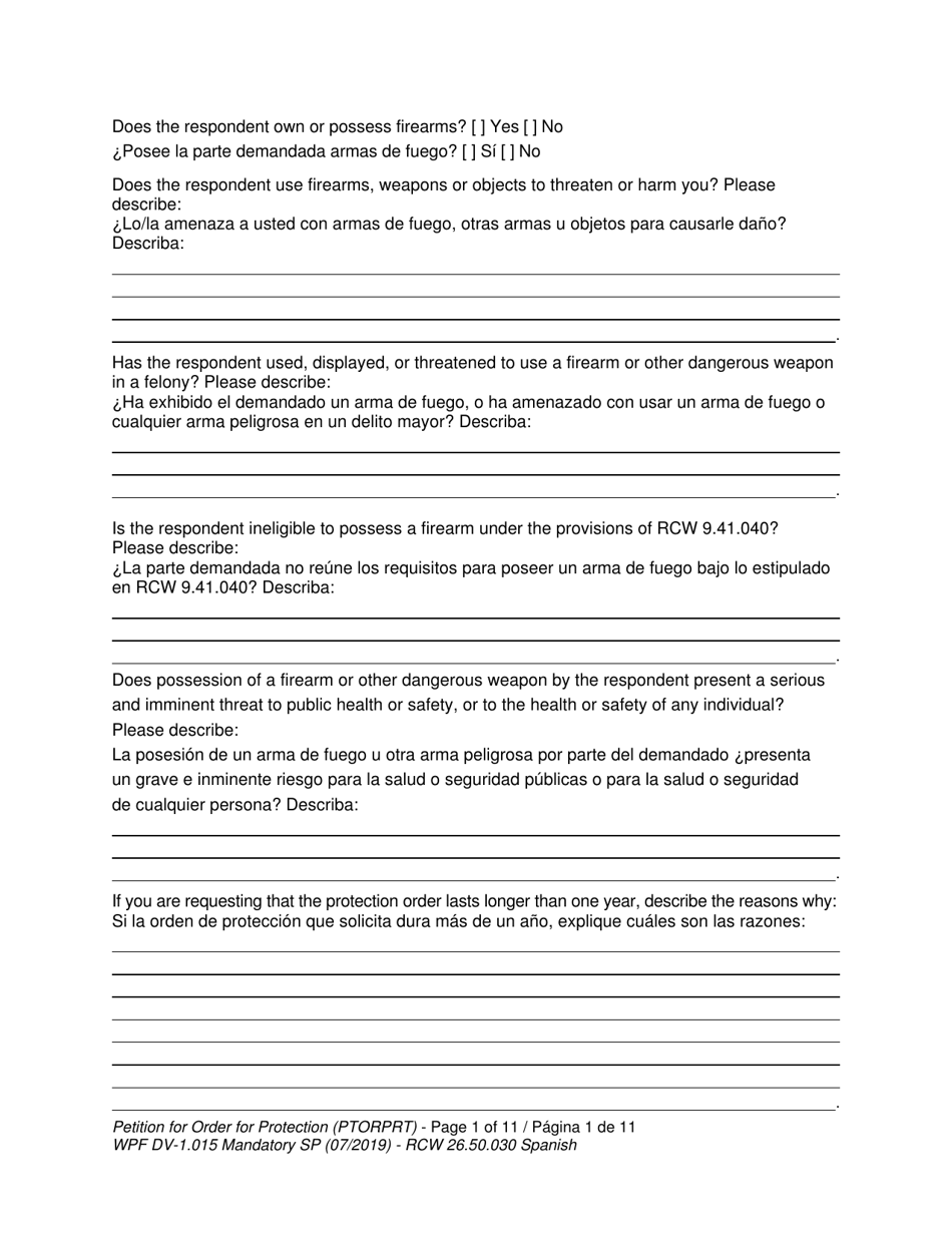 Form WPF DV-1.015 Petition for Order for Protection (Ptorprt) - Washington (English / Spanish), Page 10