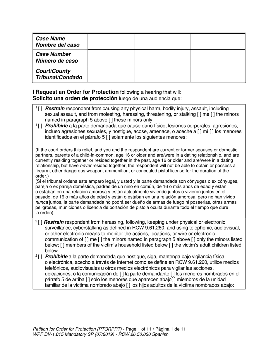 Form WPF DV-1.015 Petition for Order for Protection (Ptorprt) - Washington (English / Spanish), Page 3