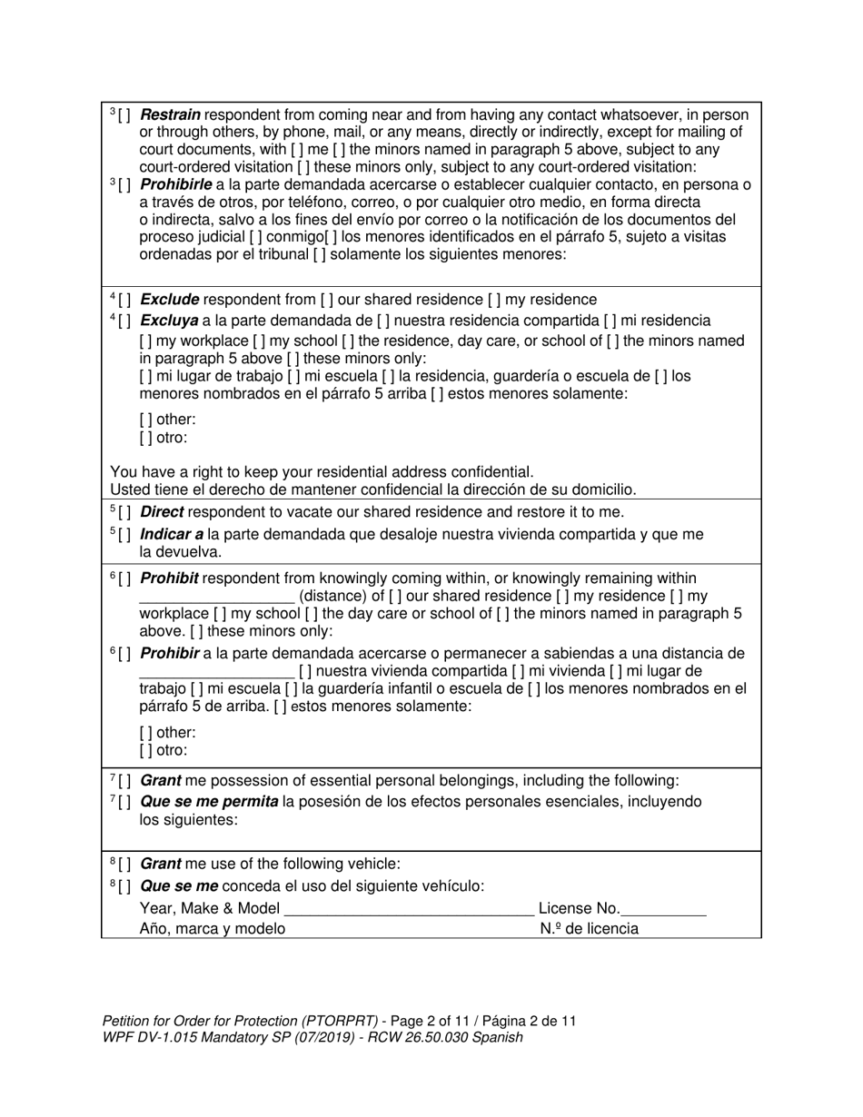 Form WPF DV-1.015 Petition for Order for Protection (Ptorprt) - Washington (English / Spanish), Page 4