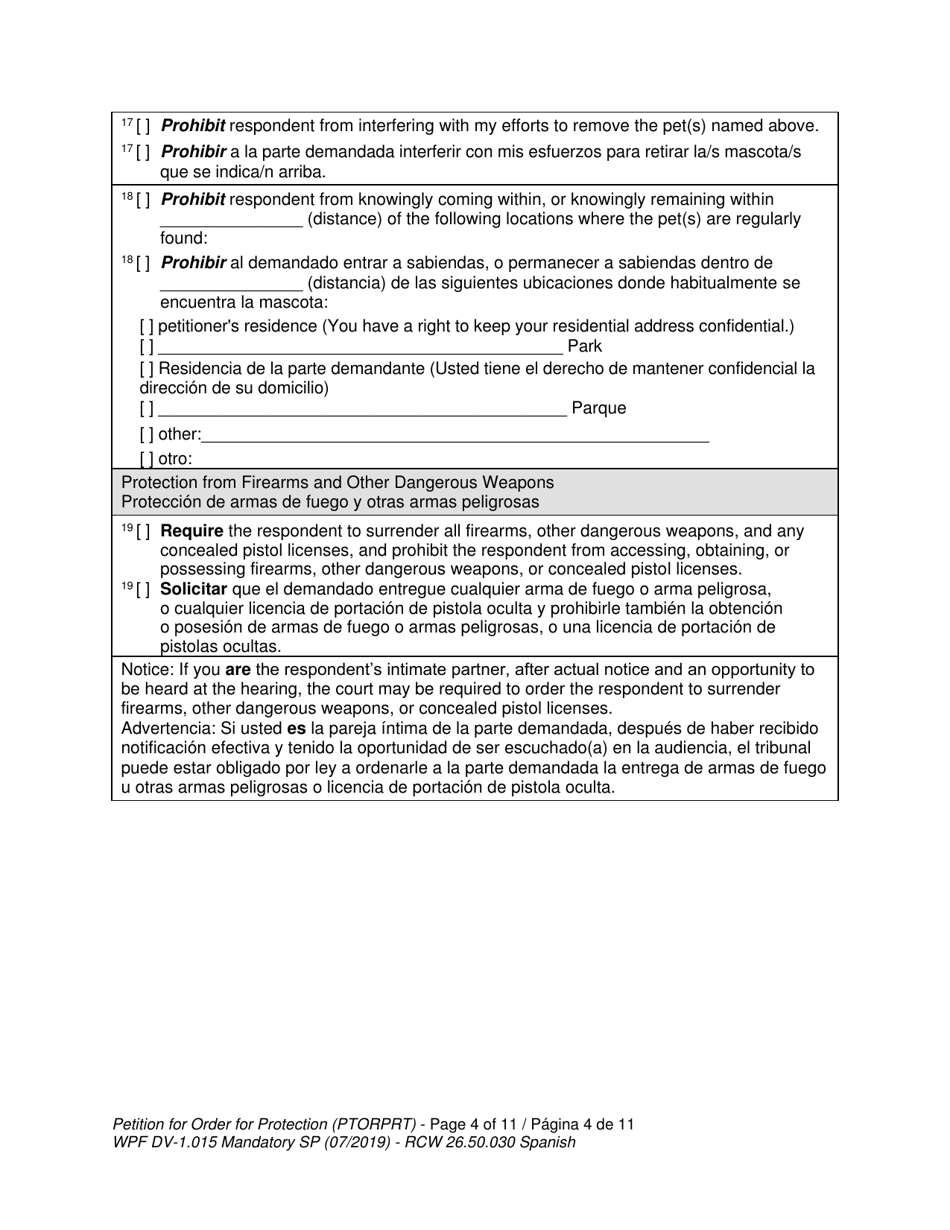 Form WPF DV-1.015 Petition for Order for Protection (Ptorprt) - Washington (English / Spanish), Page 6