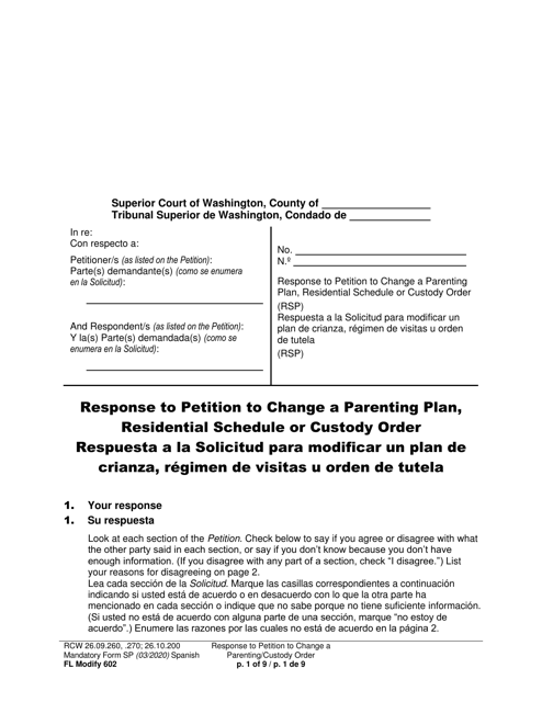 Form FL Modify602 Response to Petition to Change a Parenting Plan, Residential Schedule or Custody Order - Washington (English/Spanish)