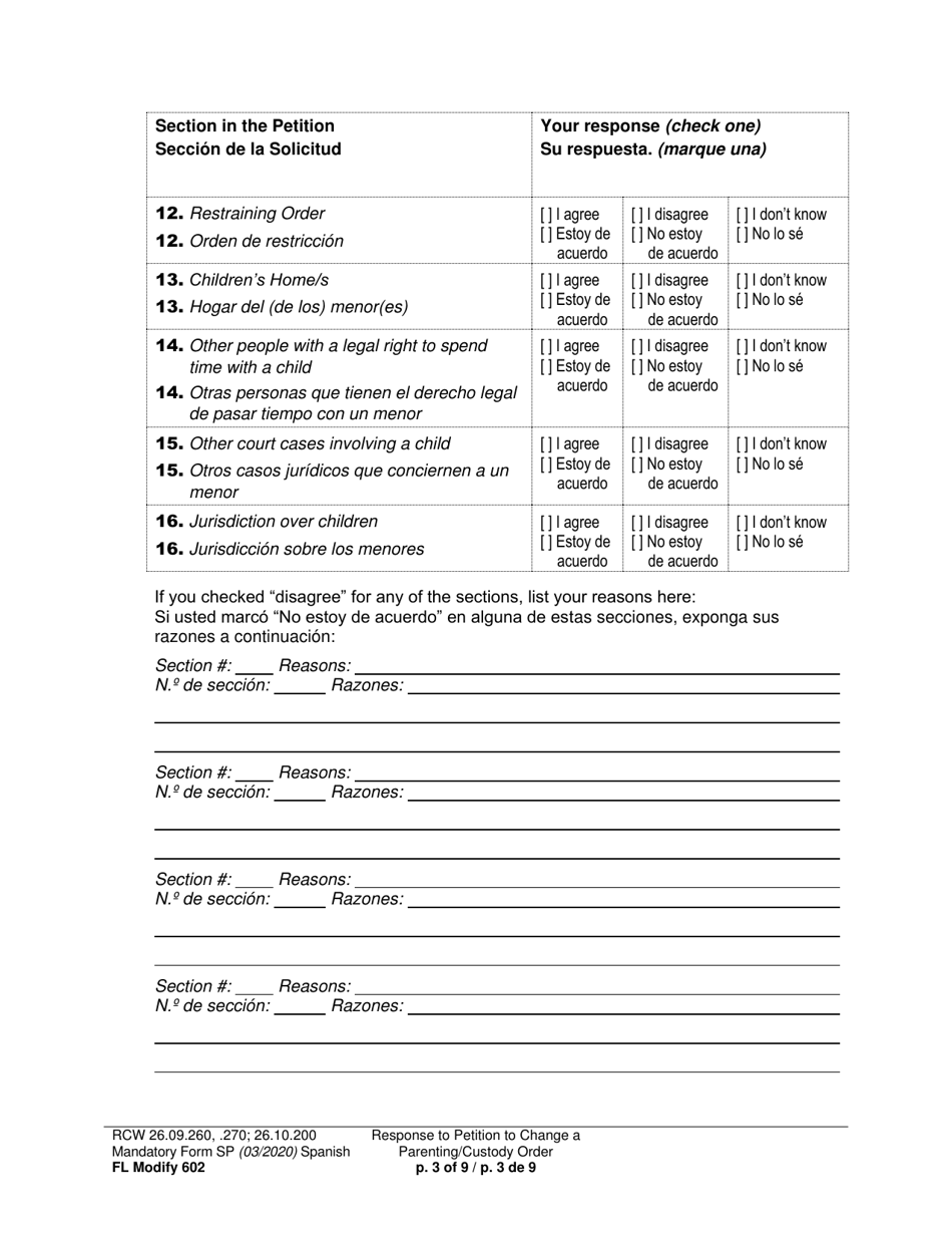 Form FL Modify602 Response to Petition to Change a Parenting Plan, Residential Schedule or Custody Order - Washington (English / Spanish), Page 3