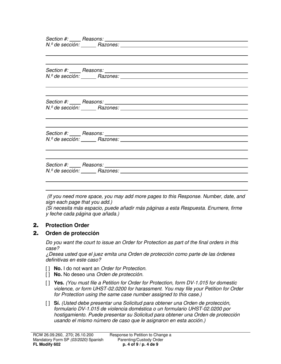 Form FL Modify602 Response to Petition to Change a Parenting Plan, Residential Schedule or Custody Order - Washington (English / Spanish), Page 4