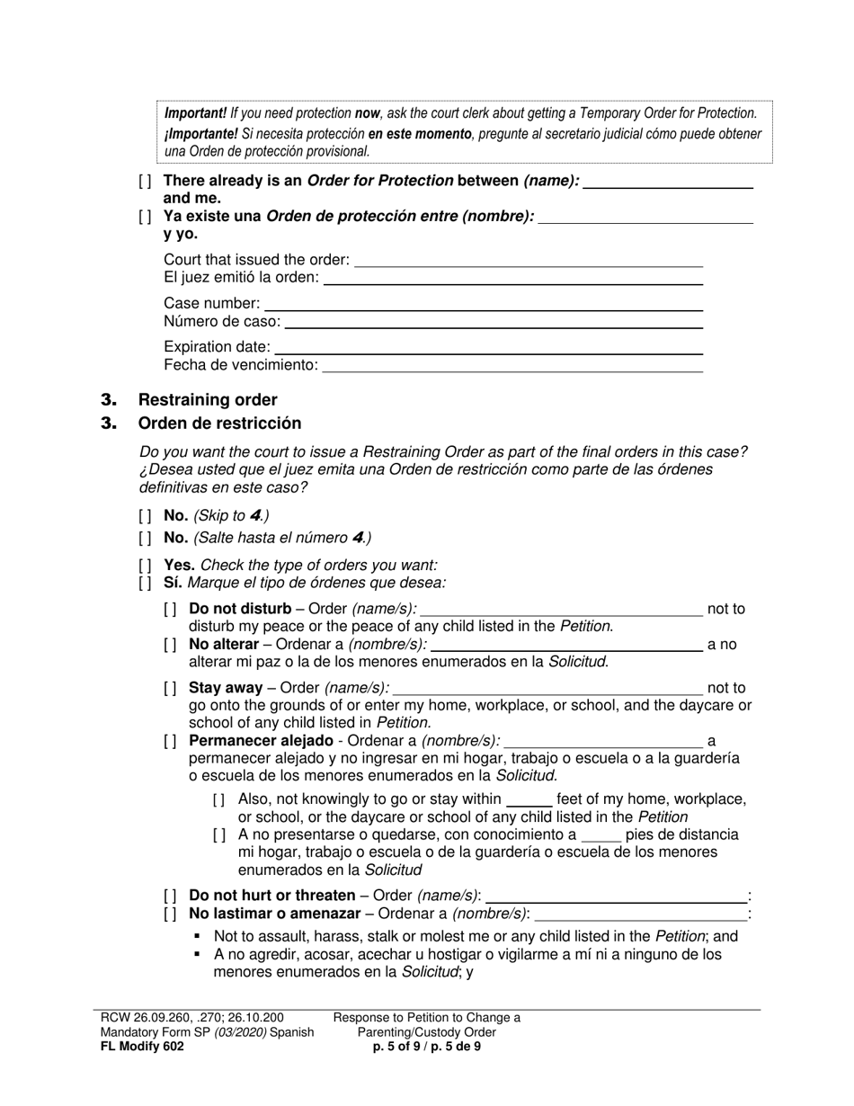 Form FL Modify602 Response to Petition to Change a Parenting Plan, Residential Schedule or Custody Order - Washington (English / Spanish), Page 5
