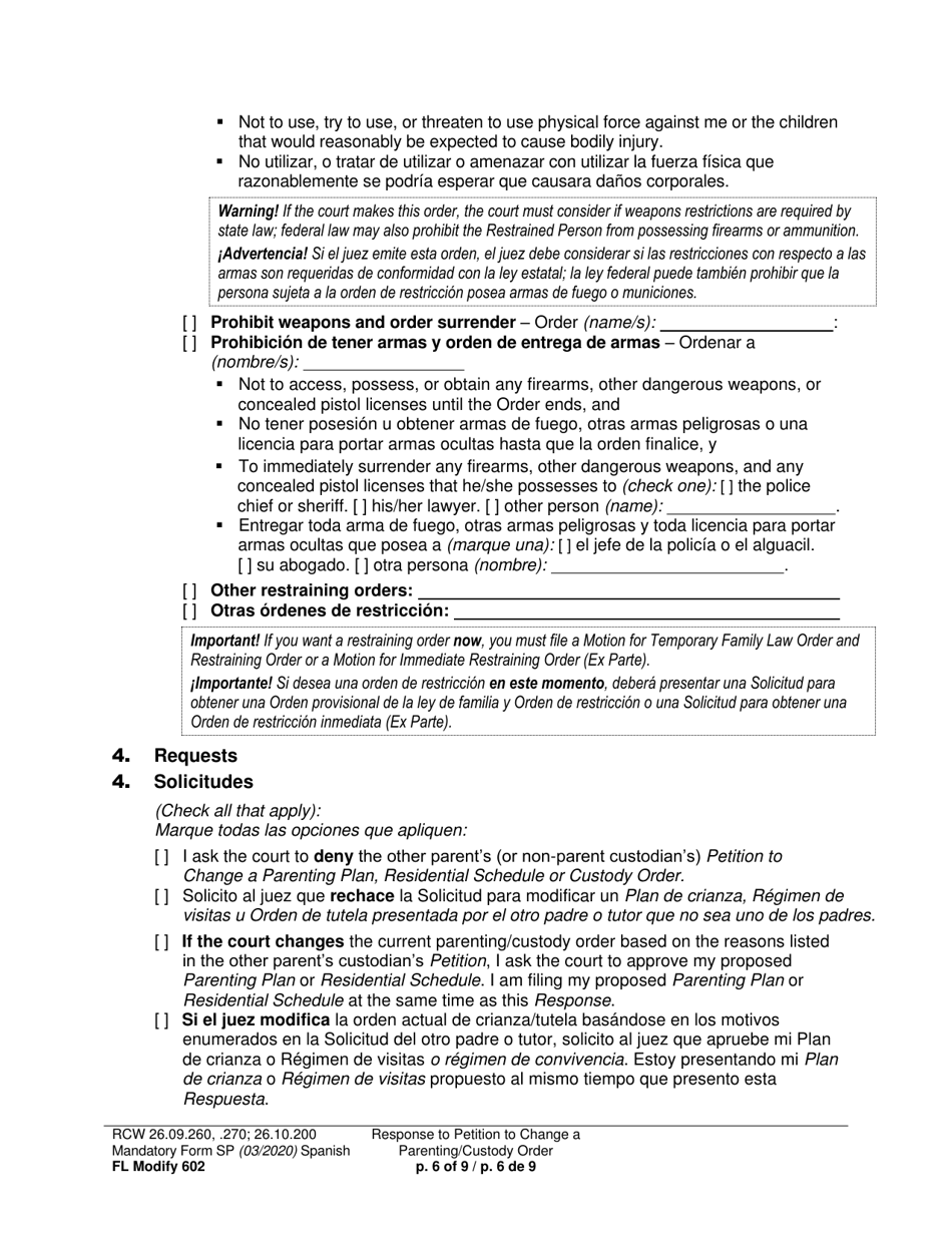 Form FL Modify602 Response to Petition to Change a Parenting Plan, Residential Schedule or Custody Order - Washington (English / Spanish), Page 6