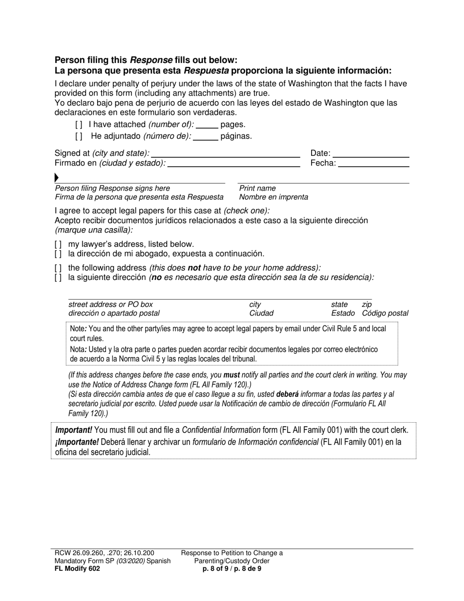 Form FL Modify602 Response to Petition to Change a Parenting Plan, Residential Schedule or Custody Order - Washington (English / Spanish), Page 8