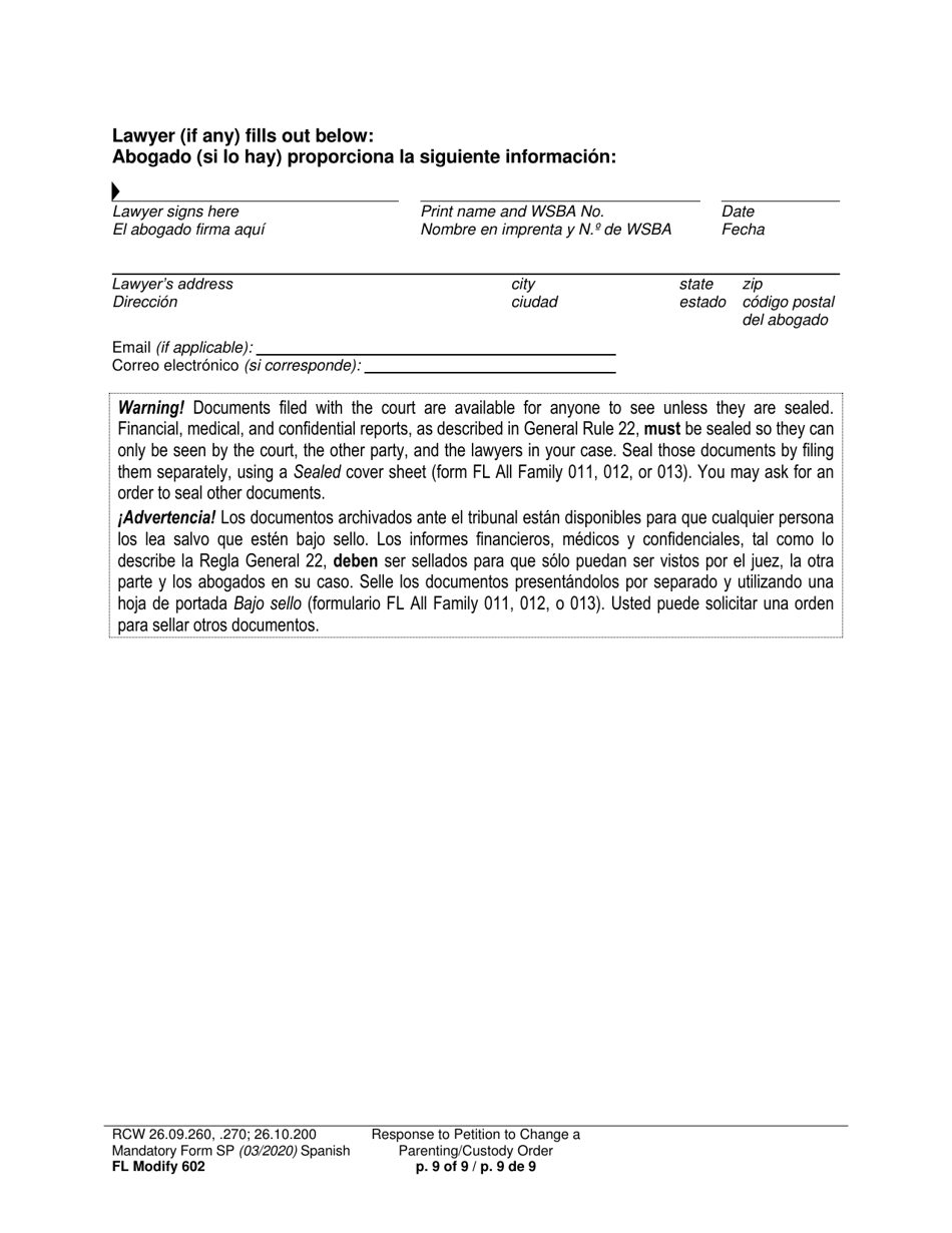 Form FL Modify602 Response to Petition to Change a Parenting Plan, Residential Schedule or Custody Order - Washington (English / Spanish), Page 9