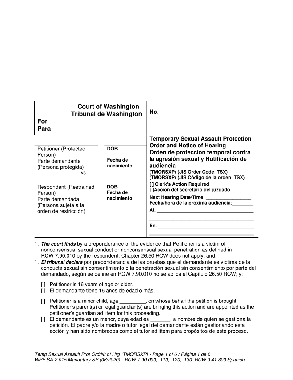 Form WPF SA-2.015 Temporary Sexual Assault Protection Order and Notice of Hearing - Washington (English / Spanish), Page 1