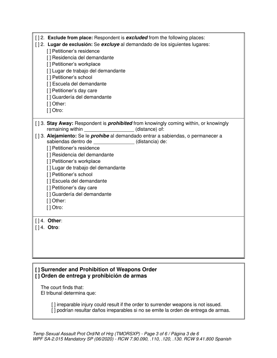 Form WPF SA-2.015 Temporary Sexual Assault Protection Order and Notice of Hearing - Washington (English / Spanish), Page 3