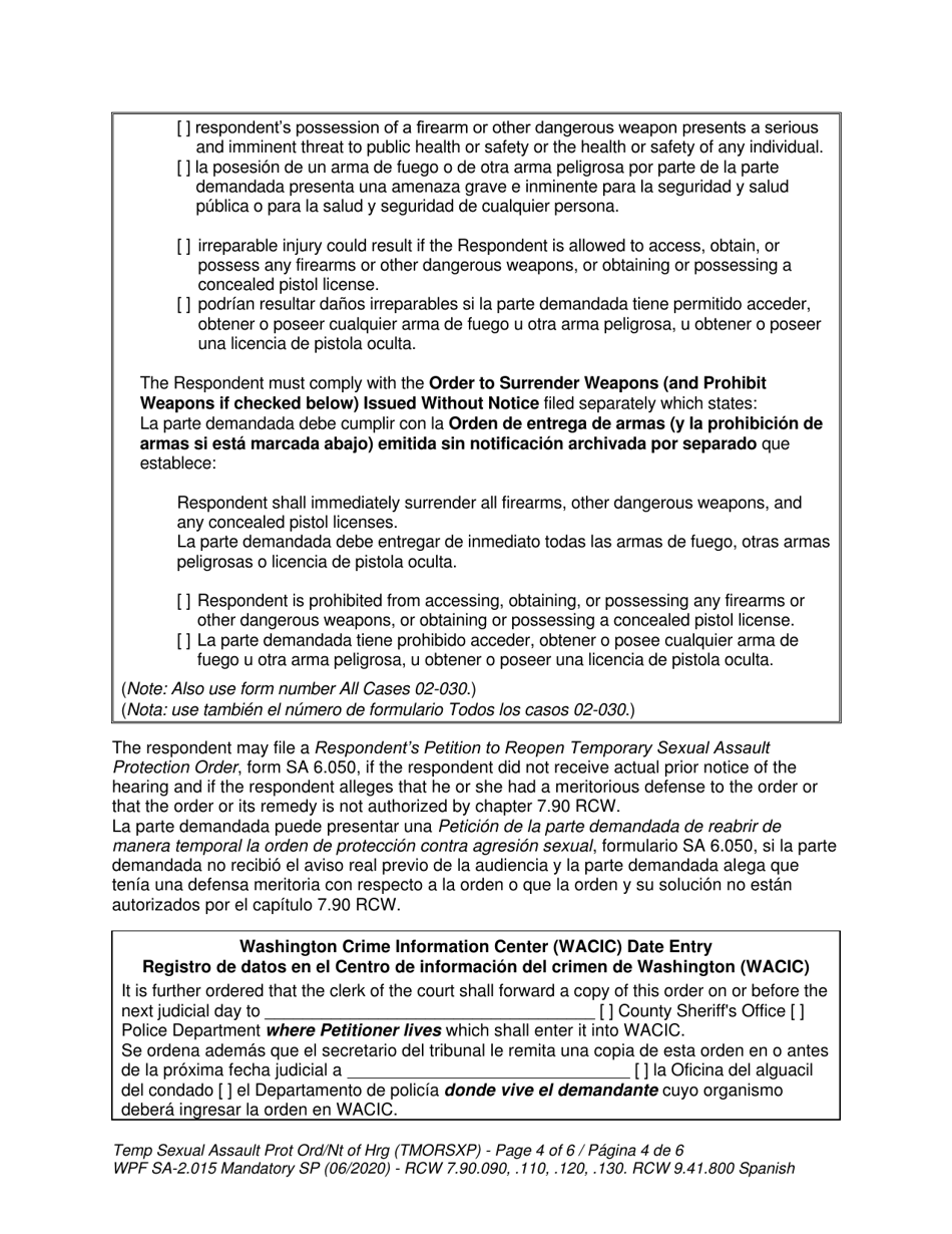 Form WPF SA-2.015 Temporary Sexual Assault Protection Order and Notice of Hearing - Washington (English / Spanish), Page 4
