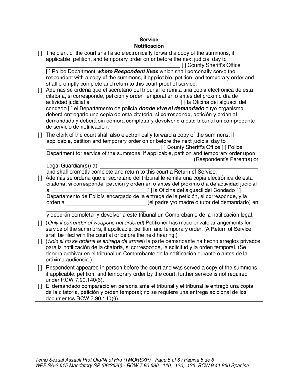 Form WPF SA-2.015 Temporary Sexual Assault Protection Order and Notice of Hearing - Washington (English / Spanish), Page 5