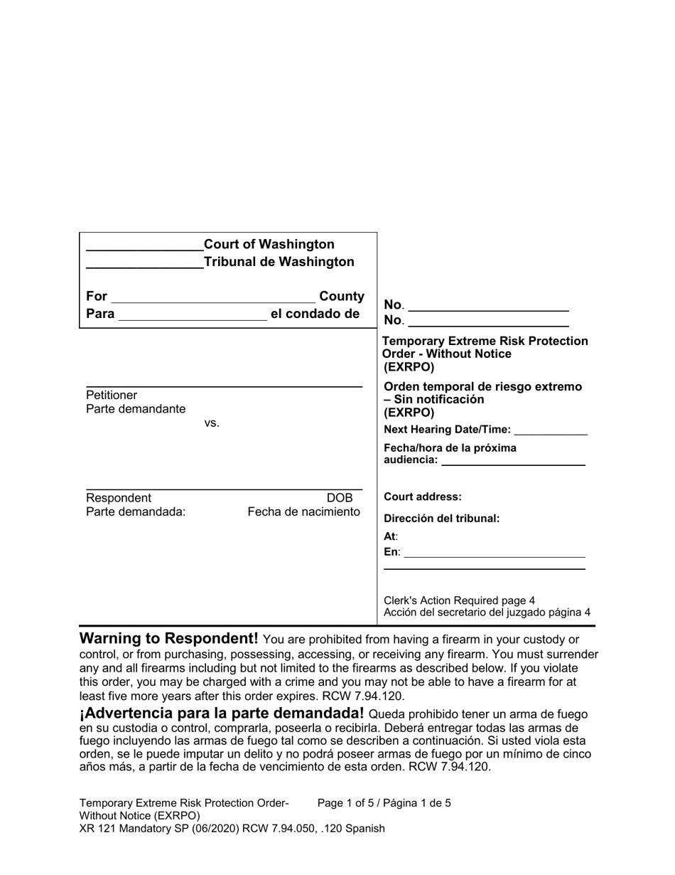 Form XR121 Temporary Extreme Risk Protection Order - Without Notice (Exrpo) - Washington (English / Spanish), Page 1