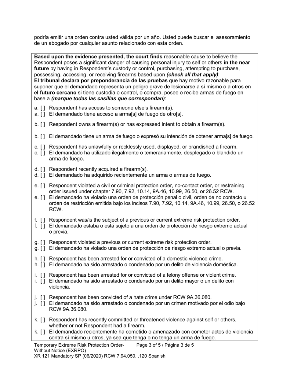 Form XR121 Temporary Extreme Risk Protection Order - Without Notice (Exrpo) - Washington (English / Spanish), Page 3