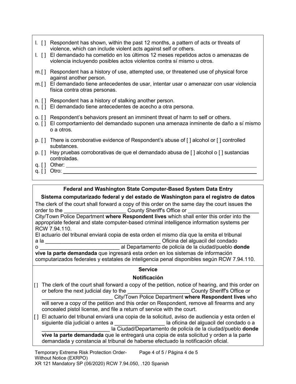 Form XR121 Temporary Extreme Risk Protection Order - Without Notice (Exrpo) - Washington (English / Spanish), Page 4